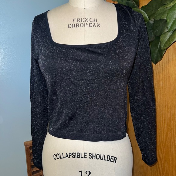 all in motion Tops - All in Motion‎ XXL Black Sparkle Crop Top Long Sleeve Square Neck Activewear
